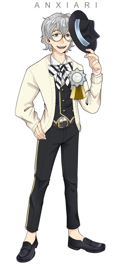 Picture of TJ, a young non-binary person with white hair and violet eyes. They are wearing black pants, a white shirt, a beige cardigan and a black and white striped bow tie.