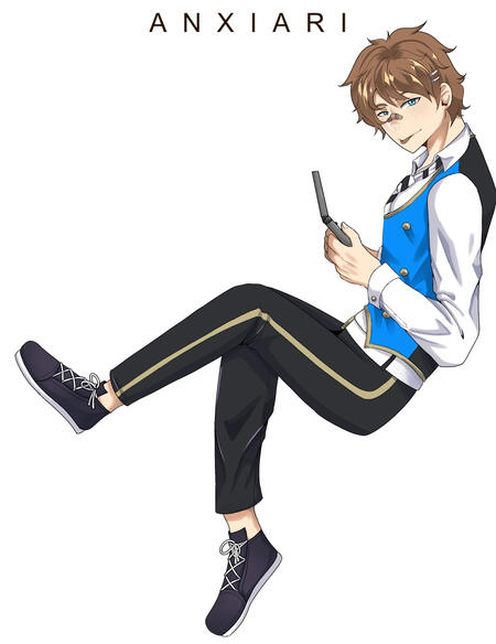 Picture of Cole, a young man with brown hair and blue eyes. He is wearing Ignihyde’s blue school uniform, has freckles on his face and hair clips holding his bangs apart.